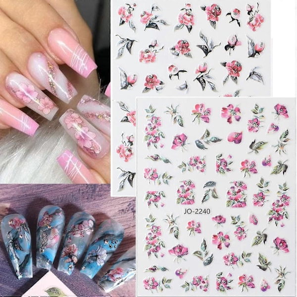 12 st Blommor Nagelkonst Dekaler, Holografiska Naglar Glitter Design Nageldekaler Blommiga Vår Nageldekaler 3D Självhäftande 3D Nageldekoreringar Ac