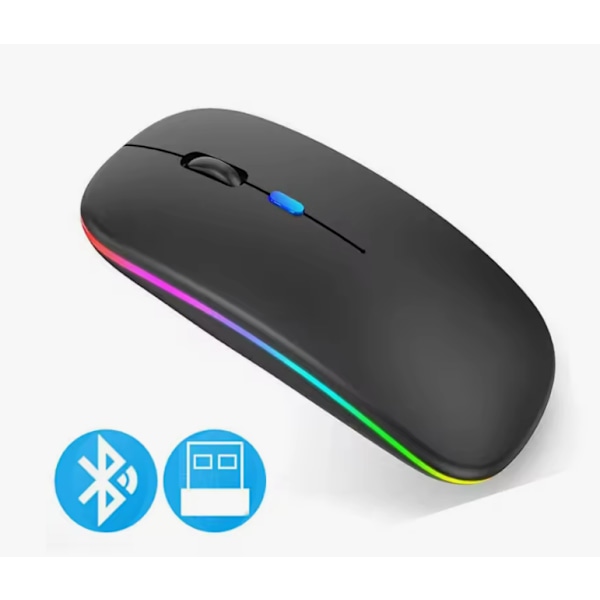 Trådlös Bluetooth-mus Kompatibel 2.4GHz 1600DPI Laddningsbar med RGB-belysning Bärbar Laptop Macbook Gaming Black