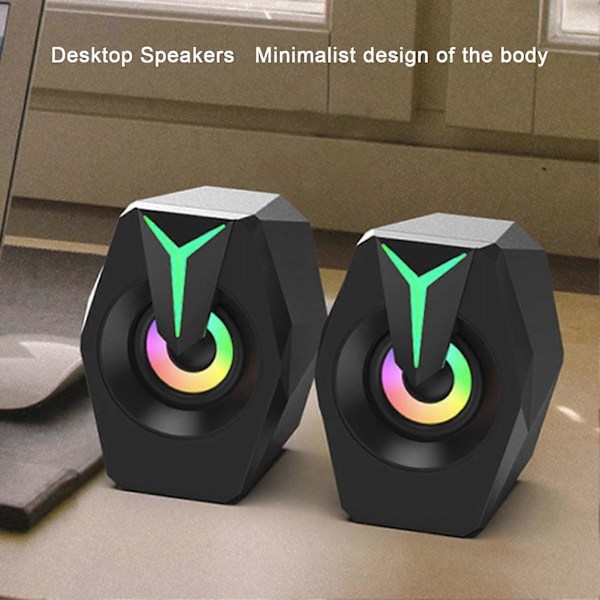 USB-driven högtalare med RGB-belysning, volymkontroll, bärbar trådbunden subwooferhögtalare för bärbar dator, skrivbord, dator, svart