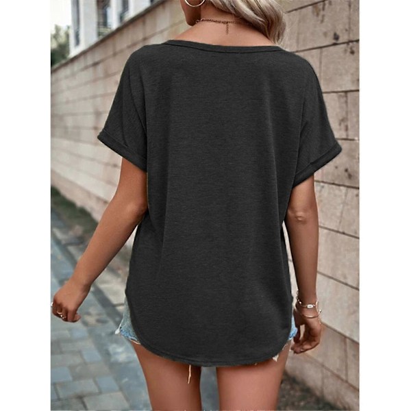 Mörkgrå S Dam T-shirt Kortärmad V-ringad Ren Färg Lös Passform Knappdekoration Dam Casual Topp för Vår Sommar