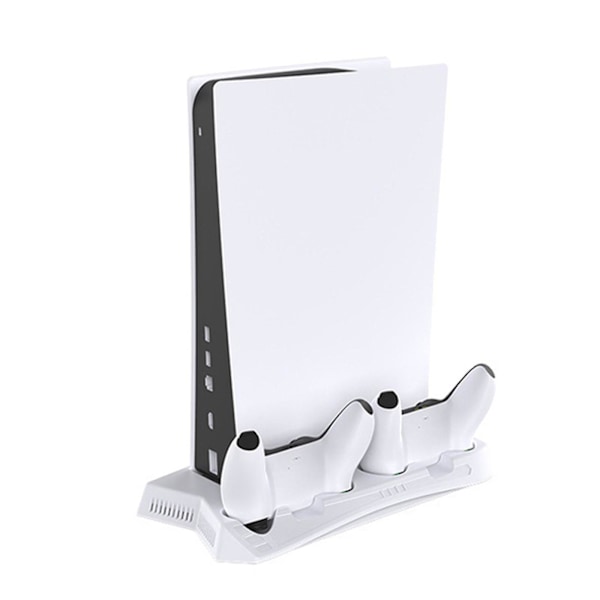 Vertikal viftestativ for PS5 med 3 USB-hubber & dobbel kontrollerlading for PS5 Digital/CD-ROM - Hvit