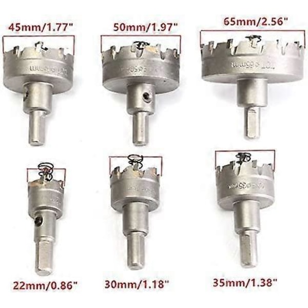 6 stk HSS TCT Kædesav Kernebor Bits Bor Bits Carbide Hulåbner, 22-65mm