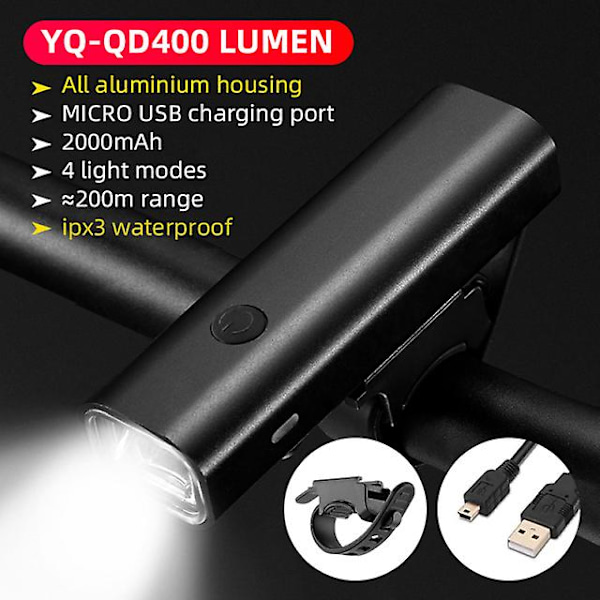 Cykellys Vandtæt USB Genopladelig LED 2000mah