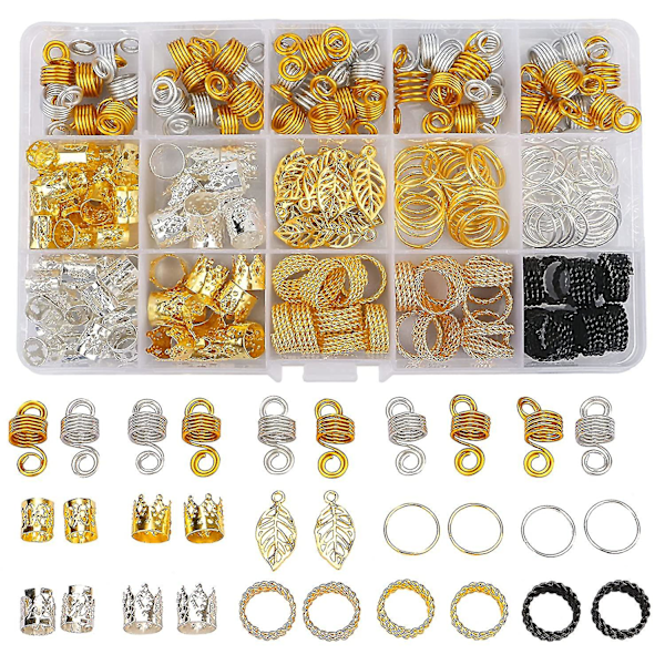 200 stk/boks Hårfletting Perler Metallplater Ring Fletting Dreadlocks Perler Klips Metall Hår Mansjetter Med Oppbevaringsboks