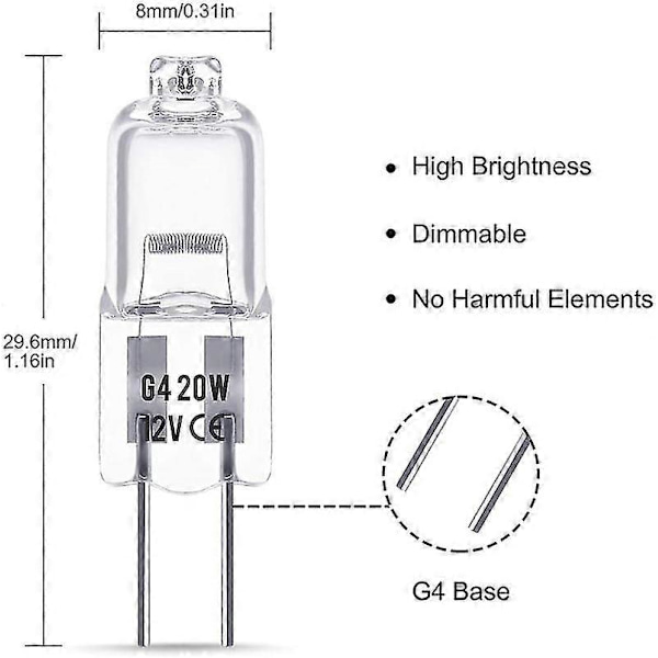 10 stk G4 Halogen Pærer, 12v 20w G4 Pære, Varmt Hvidt 3000k, 150lm, Dæmpbar, G4 Halogen Lampe