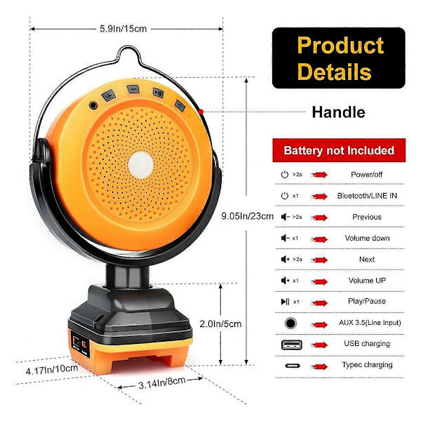 Bluetooth-högtalare för 18V 20V batteri, Bärbar Bluetooth-högtalare för camping och festival