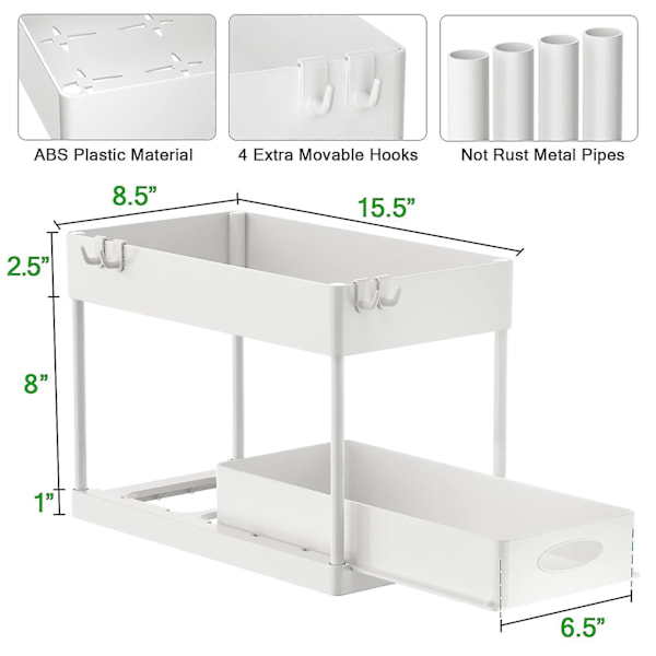 Under Sink Organizer og Opbevaring, 2-lags Under Badeværelsesvask Organizer Kurv med 4 Kroge