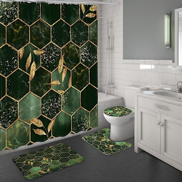 Emerald Bathroom Curtains with Bathroom Curtains and Rugs and Accessories, Modern Green Marble Bathroom Curtains with Rug, Hunter Green Geometry Bathr