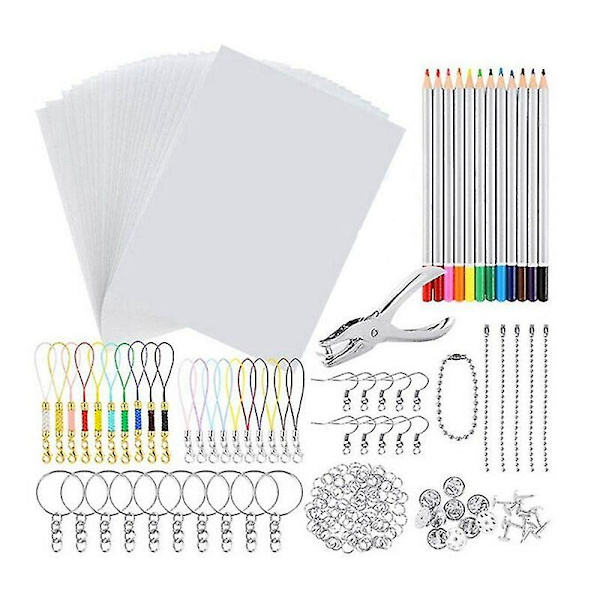 198 stk. Shrinky Art Paper Varme Krympe Ark Plast Kit Hulmaskine Nøgleringe Blyanter Diy Tegning Ar