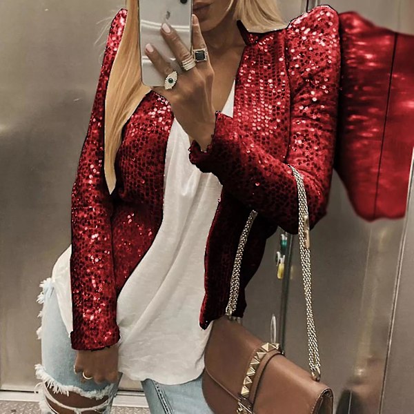 Trendig jacka i enfärgad design för kvinnor, kort casual sequinjacka för fester och nattklubbar