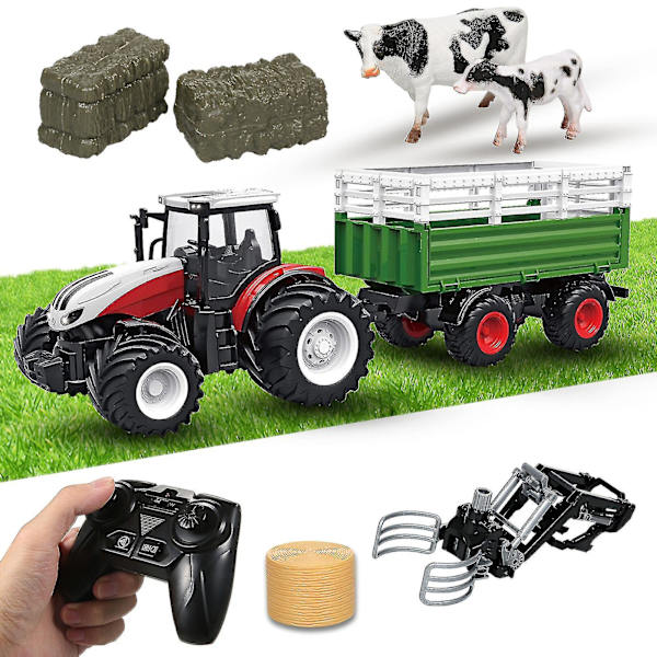 Radiostyrd Traktor, 1:24 Skala 2.4ghz Radiostyrd Traktor Leksak Med Släp Gripare Höbalar Skruvmejsel Kor
