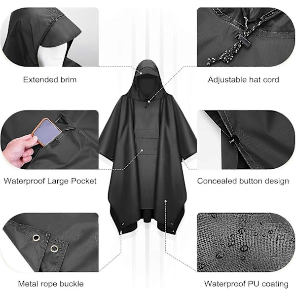 Vedenpitävä Poncho Aikuisille, Sadeviitta, Vedenpitävä Poncho Kevyt Vedenpitävä Sadetakki, Uudelleenkäytettävä Vedenpitävä Poncho Aikuisille Kiristysnyörillisellä Hupulla Metsästykseen
