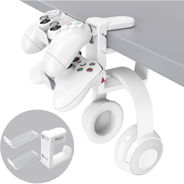 Hörlurskrokhållare för PC Gaming Headset, Hörlursställ med justerbar och vridbar armklämma, Universal Fit, Inbyggd organizer White