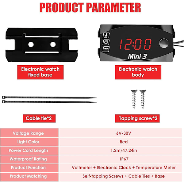 Universal Motorcykel Speedometer - Digitalt Ur Voltmeter Termometer