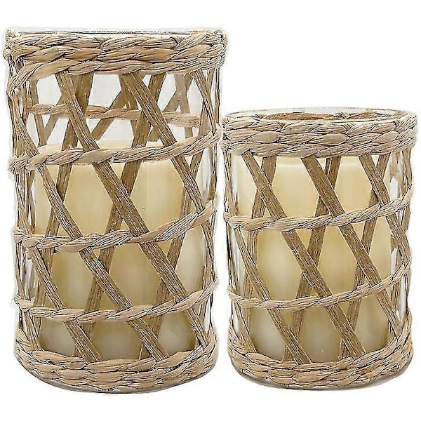 Rattan Vævet Fyrfadsstage Sæt med 2 Dekorativ Vintage Rustik Flet Votiv Glas Lyslygte, Naturlig Søgræs Håndvævet Søjlelys