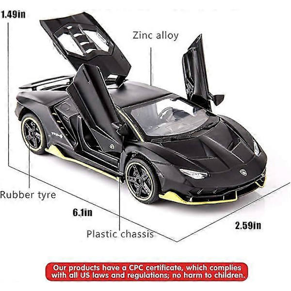 Sopii 1:32 Lamborghini LP770 -automallille, leluauto lapsille, ääni ja valo, vetävä auto, sinkkiseoslelu, poika- ja tyttölahja (musta)
