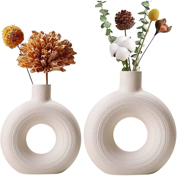 Hvid keramisk vase, moderne hul donut vase, nordisk enkel vase, egnet til hjemmedekorering stuedekoration