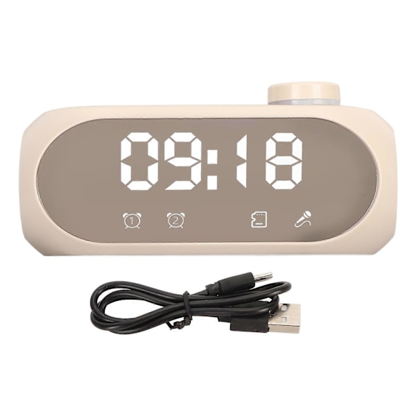 Trådløs Bluetooth-højttaler med RGB-belysning, kraftig bas, temperaturvisning, stemmeudsendelse, FM-radio og spejlsalarmur i beige