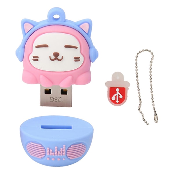 Cartoon Flash Drive PVC USB2.0 Cat Pattern Plug and Play Shockproof U Disk for Phone Laptop Pink Blue 128g