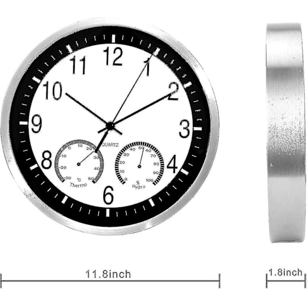 12 Tums Metall Kvarts Väggklocka 30cm Modern Tyst Tickfri Väggklocka Med Termometer Mäter Temperatur Luftfuktighet För Vardagsrum Sovrum Av