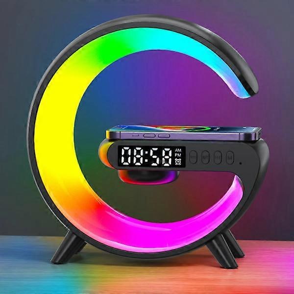 Multifunksjonell Trådløs Lader Stativ Høytaler TF RGB Nattelys 15W Rask Ladestajon for De Fleste Smarttelefoner - Svart Black