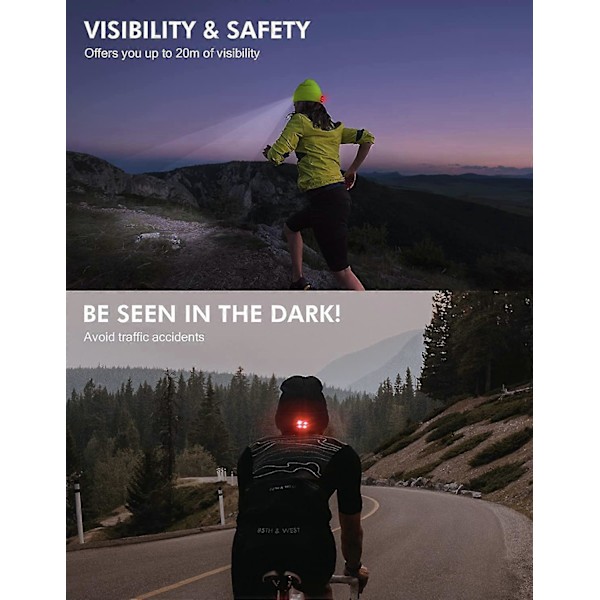 Hættehue med LED-lys foran og bagpå, USB-opladelig pandelampe med 3 lysstyrker, strikket hættehue med lys til jogging, camping, cykling
