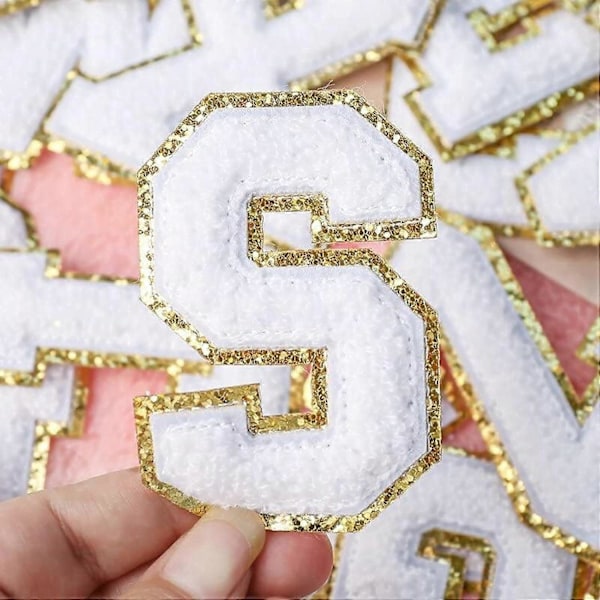 26 st Wron hite IOn Bokstavspatchar, A-Z Självhäftande Chenille Bokstavspatchar Applikation Sy Klädmärken med Glitterkant för DIY-tröjor