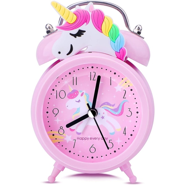 Unicorn väckarklocka för flickor barn, söt sovrumsdekoration, icke tickande tyst second hand, med bakgrundsbelysning Super högljudd tvillingklocka, för barn Unicorn presenter Pink