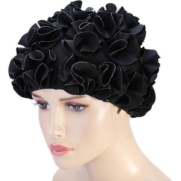 Sort Blomster Badehætte Svømmehætte Kvinder Børn Retro Blomster Blomster Mode Elastisk Badehætte Langt Hår Svømning Badehætte