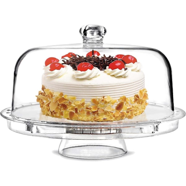 6 in 1 monitoiminen kakkuteline, akryylinen kakkualusta kupukannella, kakku- ja muffinssiteline, tarjoiluvati, salaattikulho, 31,5 cm, jalustalla, kirkas