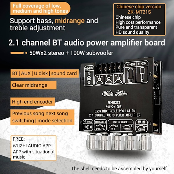 ZK-MT21S 2x50W+100W 2.1 Kanals Subwoofer Digital Forstærkerkort AUX 12V 24V Audio Stereo Bluetooth 5.1 Bas