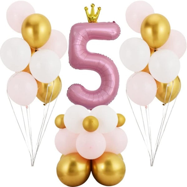 Vaaleanpunainen Crown numero 5 ilmapallo, 40' iso folio ilmapallo lateksiilmapalloilla, 5. syntymäpäiväkoristeet Tyttö 33. juhla (vaaleanpunainen 5)