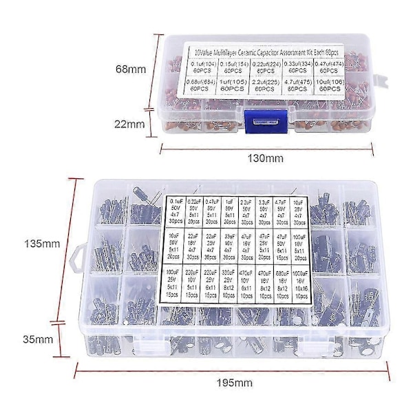 1100 st 0.1F-1000F 24 värden 16-50V 500 st Elektrolytkondensator Assorterad Kit och 600 st Monolitisk Kondensator Kit