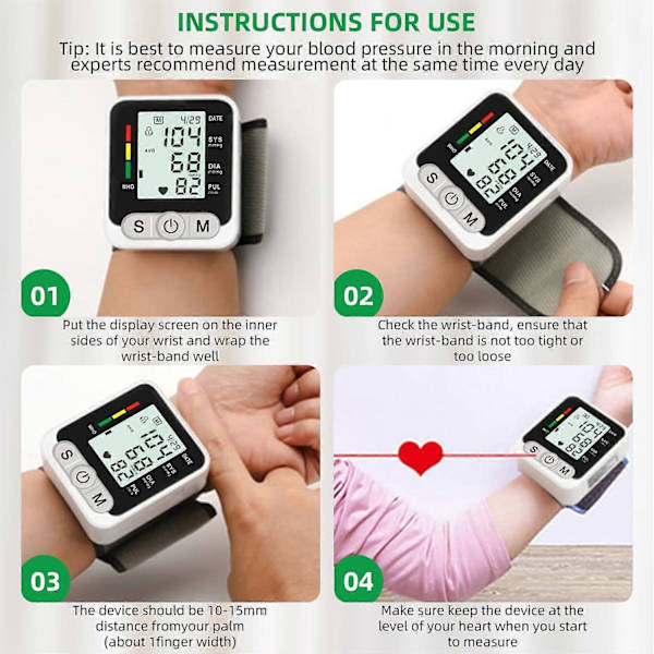 Blodtrycksmätare handled, Automatisk handledsblodmätare sphygmomanometer med justerbar manschett & LCD-display för hem & kliniskt bruk, 2x99 avläsningar