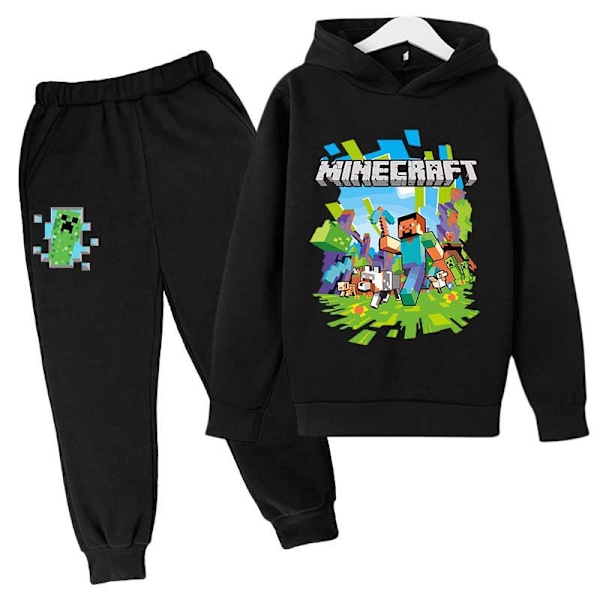 Barnens Minecraft träningsdräkt med tryckt huvtröja och byxor, casual Black 120
