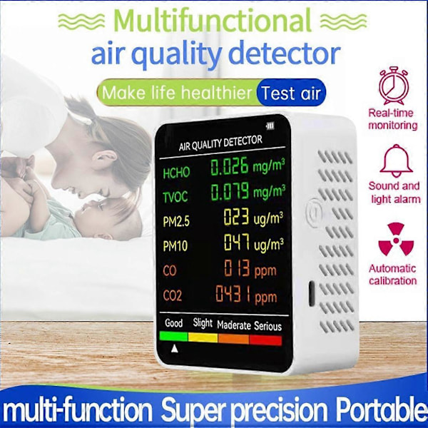 6 i 1 PM2.5 PM10 HCHO TVOC CO CO2 Luftkvalitetsdetektor CO CO2 Formaldehydmonitor Hjem Kontor Luft