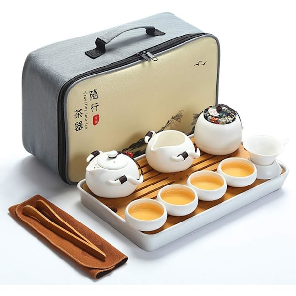 Portable Travel Tea Set, Handmade Kungfu Tea Set, Porcelain Teapot, Teacups, Bamboo Tea Tray with a Portable Travel Bag, Black