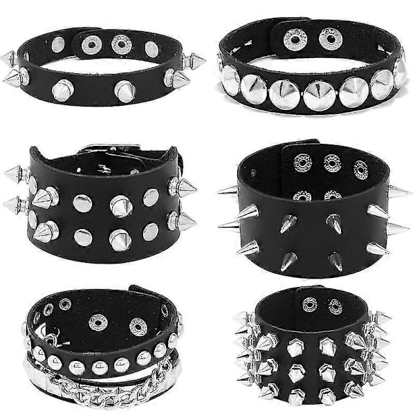 6 stk. Læderarmbånd med Nitter i Punk-Stil til Mænd, Kvinder, 80'er Nitter Armbånd, Gothic Punk Rock Armbånd, Nitter Armbånd, Unisex Metal, til Hal