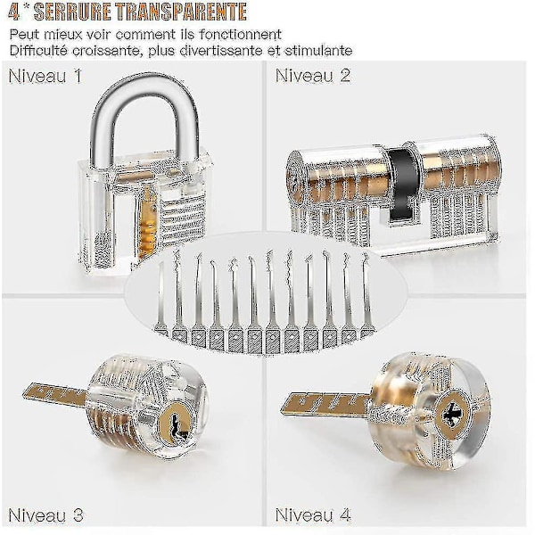 Låseplukkingssett, 25-delt Låseplukkingssett, Øvingsverktøy med 3 gjennomsiktige låser