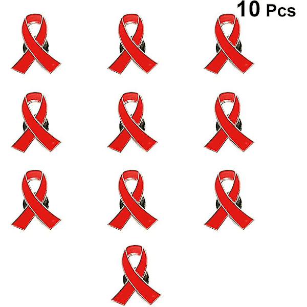 Red Ribbon Brooches Red Heart Disease Awareness Iron Charming Breast Pins Badges Pack Of 10