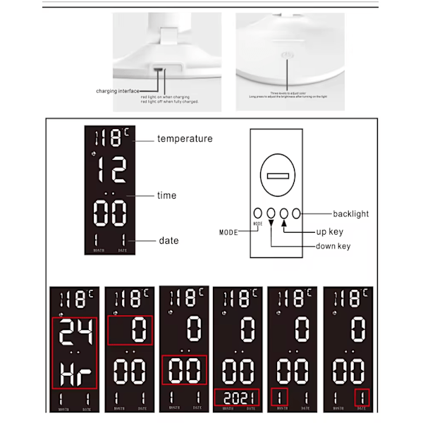 LED Bordlampe med Ur og 2 Hoveder USB Genopladelig Berøringsnatlys Øjenbeskyttelse 180 Graders Rotation Foldbar til Læsning og Dekoration