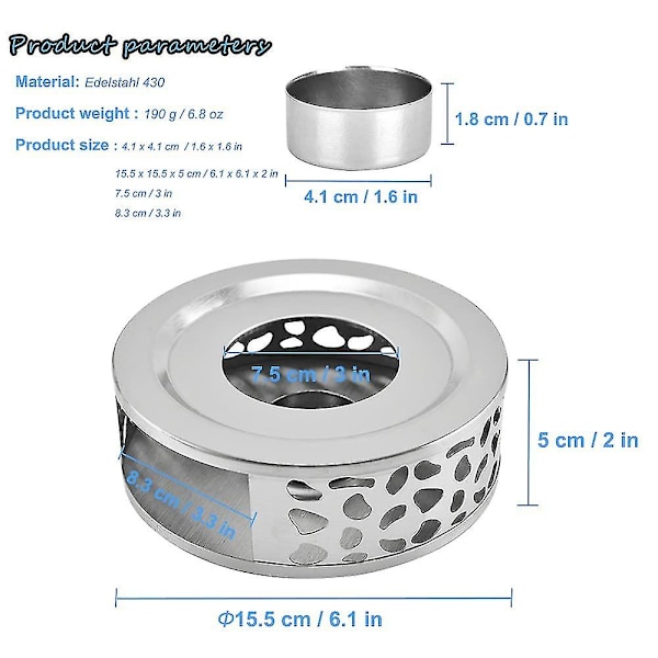 Ruostumattomasta teräksestä valmistettu teekannun lämmitin, kynttilänpidikkeillä ruostumattomasta teräksestä, teekannun lämmitin tee- ja kahviseteille
