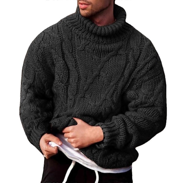 Mænds Chunky Knit Trøje med Rullet Kant og Høj Hals - Varmt Trøjeoverdel Black 2XL