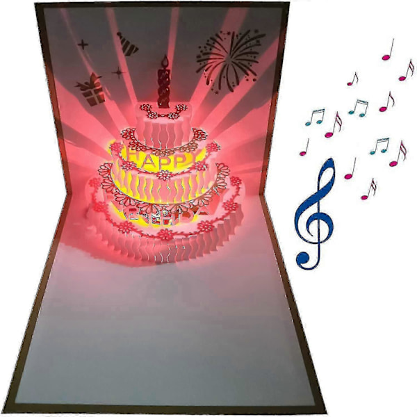 3D-syntymäpäiväkortit, 1 pakkaus väriä vaihtavia valoja ja automaattisesti soivaa musiikkia Hyvää syntymäpäivää -kakkuonnittelukortti