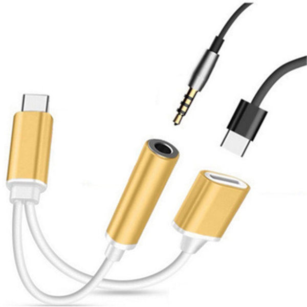 2-i-1 USB-C till 3,5 mm hörlursadapter Typ C laddning ljud Aux-adapter