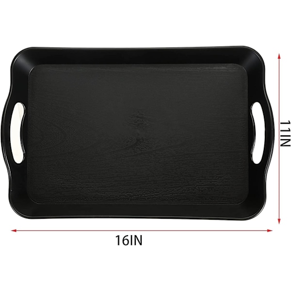 Svart brett med håndtak, 40,6 x 28 x 3 cm, rektangulært, sklisikkert, allsidig plastbrett for spisestue, fest, kaffebord, kjøkken