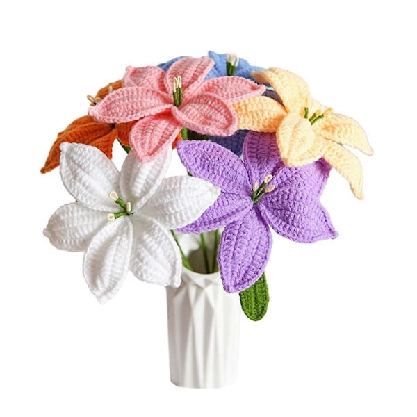 Håndstrikket Lilje Morsdagsgave Tulipan Rose Heklede Blomster Kunstig Blomsterbukett Hjemmelaget Skrivebordsdekor Gave