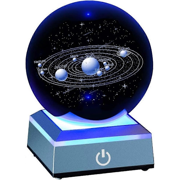 3D Solsystem Modell Krystallkule Lasergravert Hologram med Lysende Base Planet Modell Vitenskap Astronomi Læringsleketøy