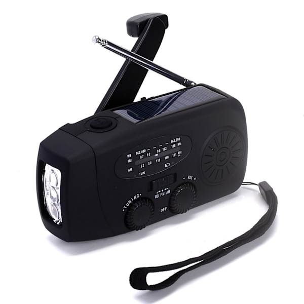 Crank radio with solar cell, flashlight and power pack black