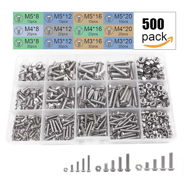 500 stk. M3 M4 M5 304 Rustfrit Stål Hex Hoved Sokkel Skruer Med Møtrikker